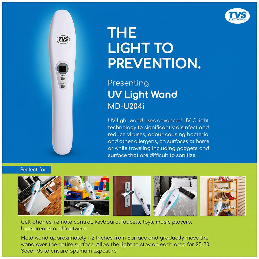 TVS Electronics MD-U204I UV Wand Sterilizer feature infographic showing auto shut off, timer settings, LCD display and quartz glass UV-C lamp technology -tpstech.in