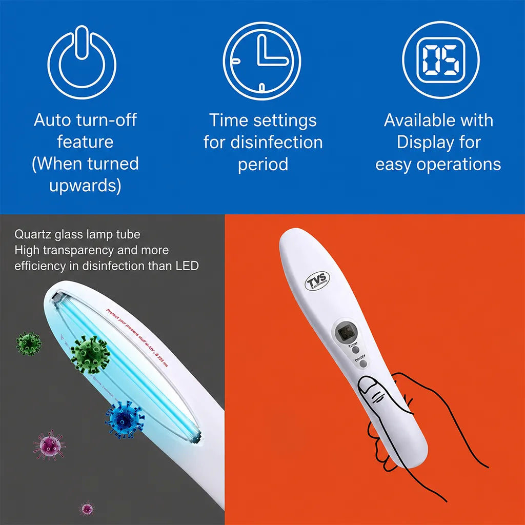 TVS Electronics MD-U204I UV Light Wand Sterilizer application guide for disinfecting mobile phones, keyboards, toys, door handles, bedding and footwear -tpstech.in