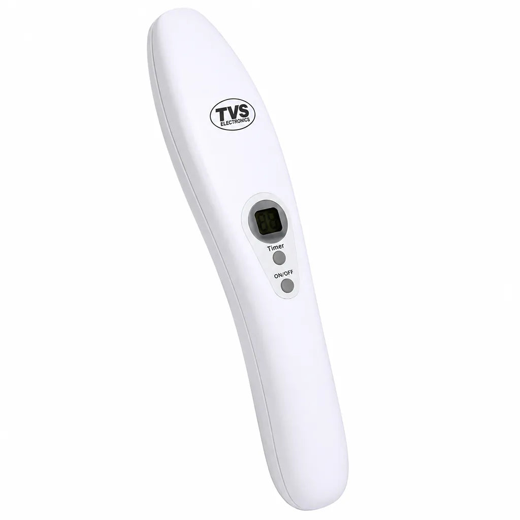 TVS Electronics MD-U204I portable UV Wand Sterilizer left angle view featuring LCD timer display for efficient surface disinfection -tpstech.in