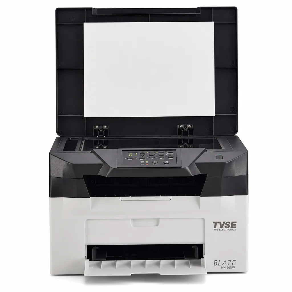 TVS Electronics MN-26NW multifunction mono laser printer with flatbed scanner open for document scanning and copying -tpstech.in