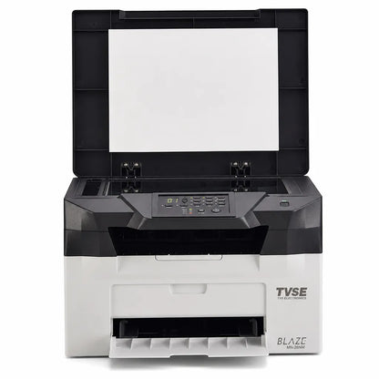 TVS Electronics MN-26NW multifunction mono laser printer with flatbed scanner open for document scanning and copying -tpstech.in
