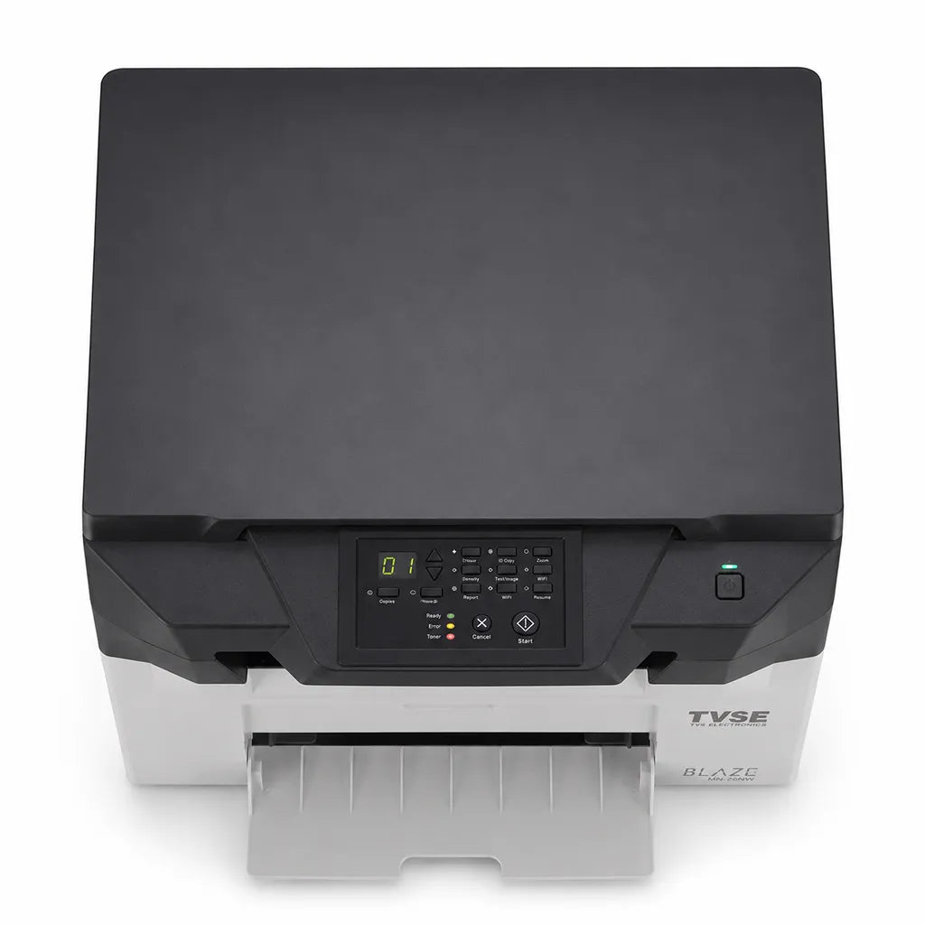 TVS Electronics MN-26NW multifunction mono laser printer top view showing intuitive control panel and flatbed scanner design -tpstech.in