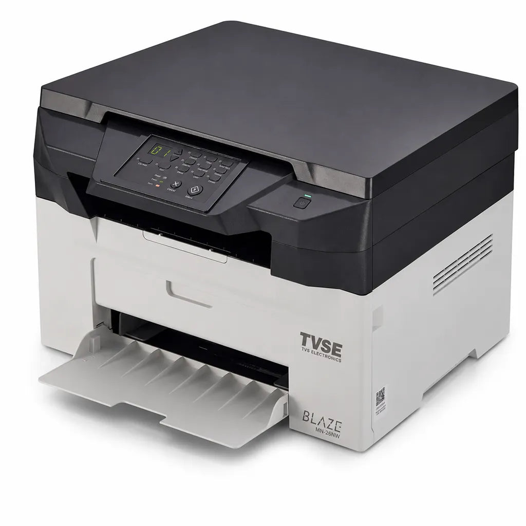 TVS Electronics MN-26NW multifunction mono laser printer front left angle view with Wi-Fi, Ethernet and USB connectivity for office printing -tpstech.in