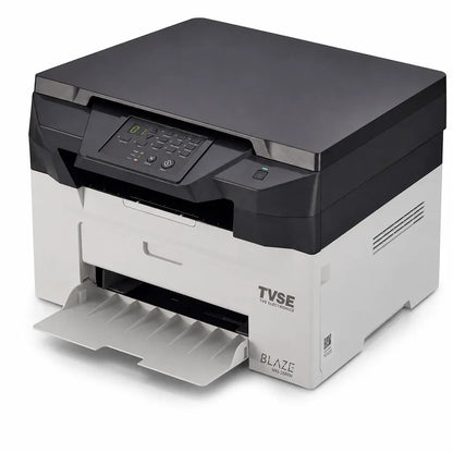 TVS Electronics MN-26NW multifunction mono laser printer front left angle view with Wi-Fi, Ethernet and USB connectivity for office printing -tpstech.in