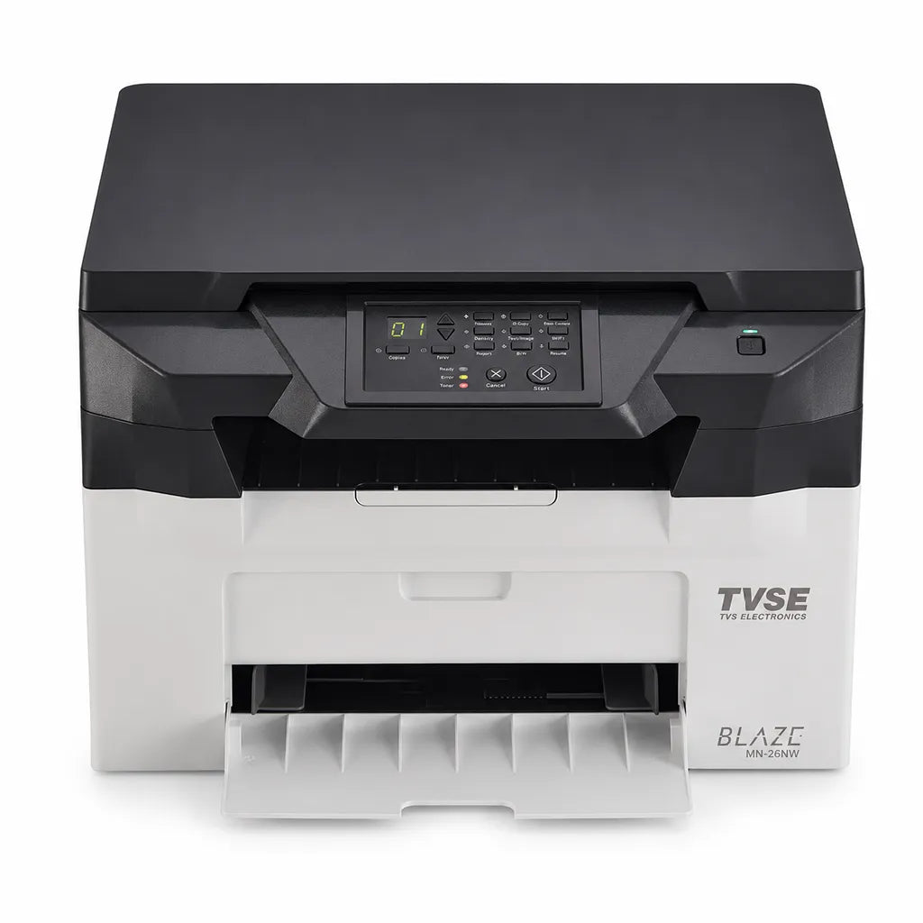 TVS Electronics MN-26NW multifunction mono laser printer front view with print, copy and scan functionality for business and home office use -tpstech.in
