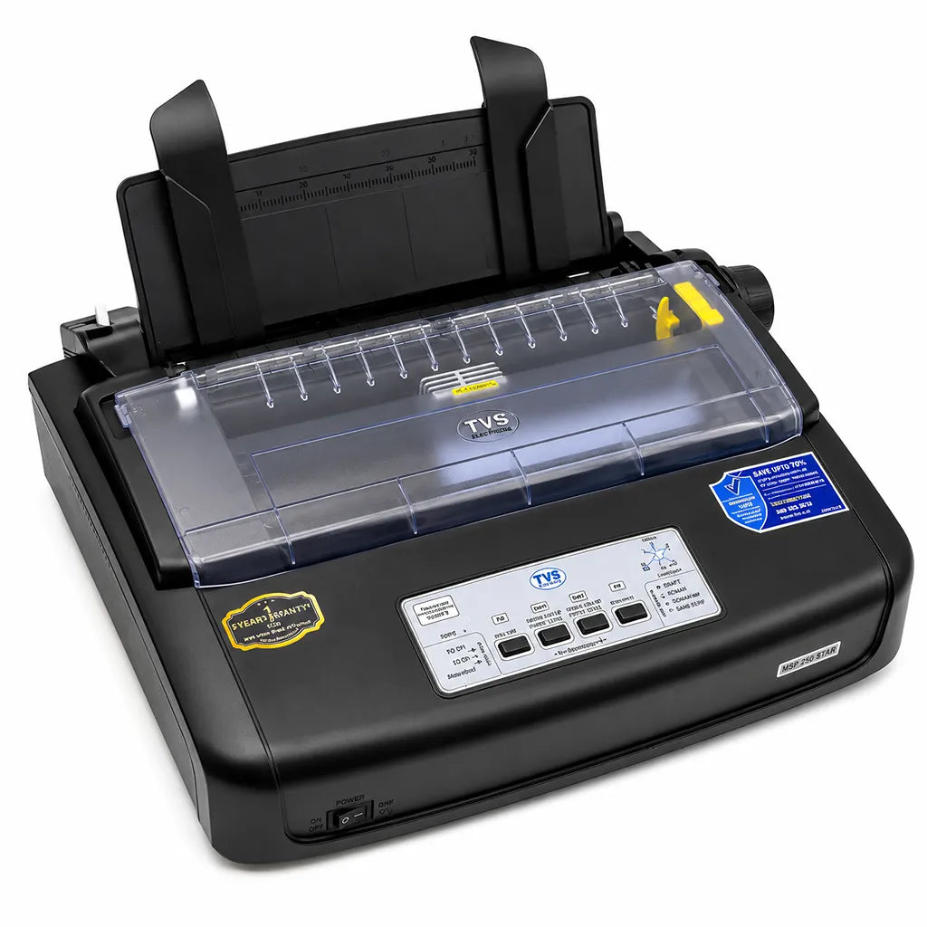 TVS Electronics MSP 250 Star Dot Matrix Printer angled view showing compact desktop design for business printing -tpstech.in