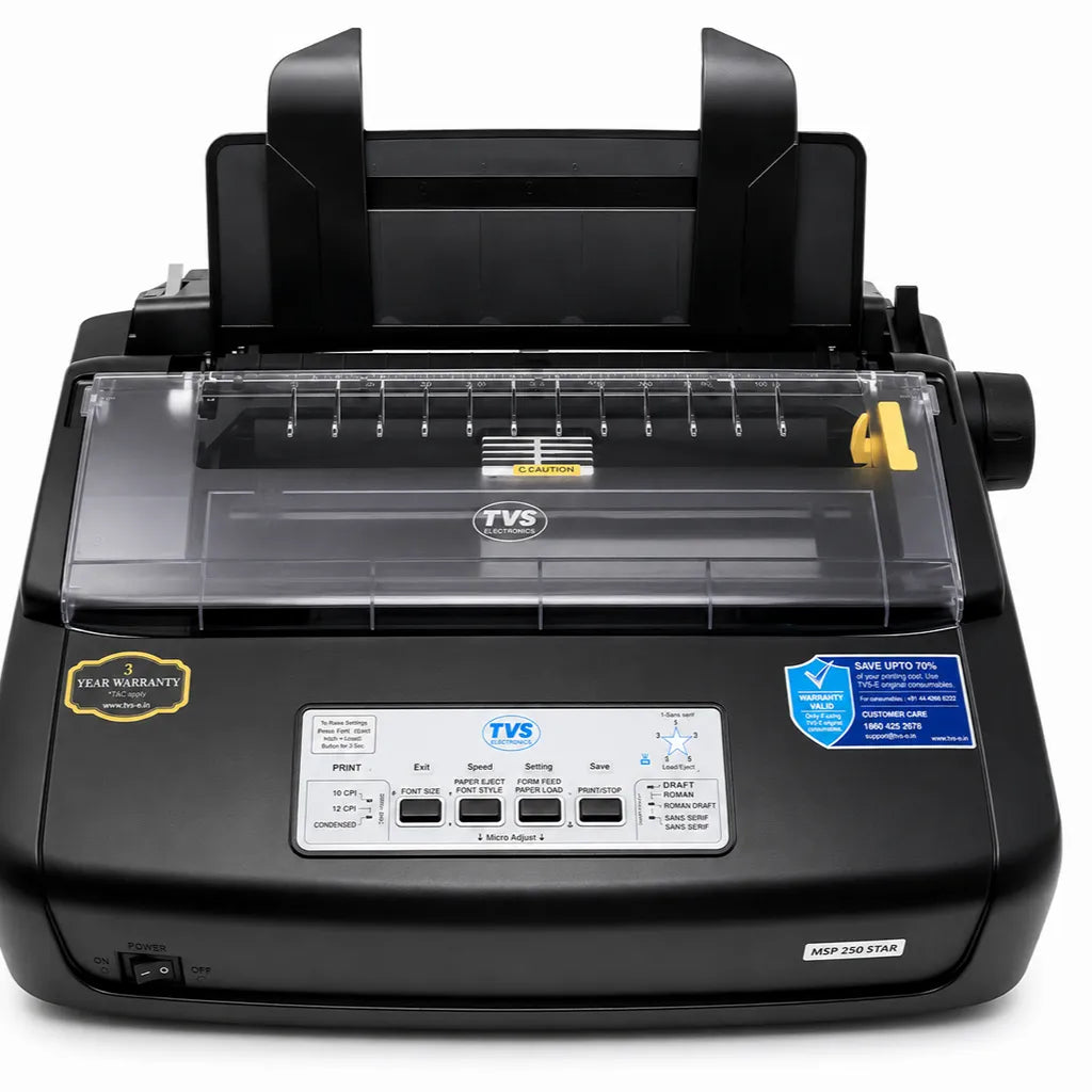 TVS Electronics MSP 250 Star Dot Matrix Printer front view with 80-column printing and USB connectivity for billing and invoice printing -tpstech.in