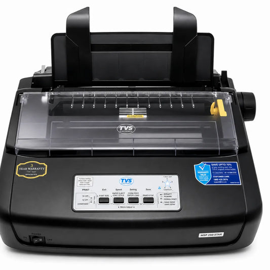 TVS Electronics MSP 250 Star Dot Matrix Printer front view with 80-column printing and USB connectivity for billing and invoice printing -tpstech.in