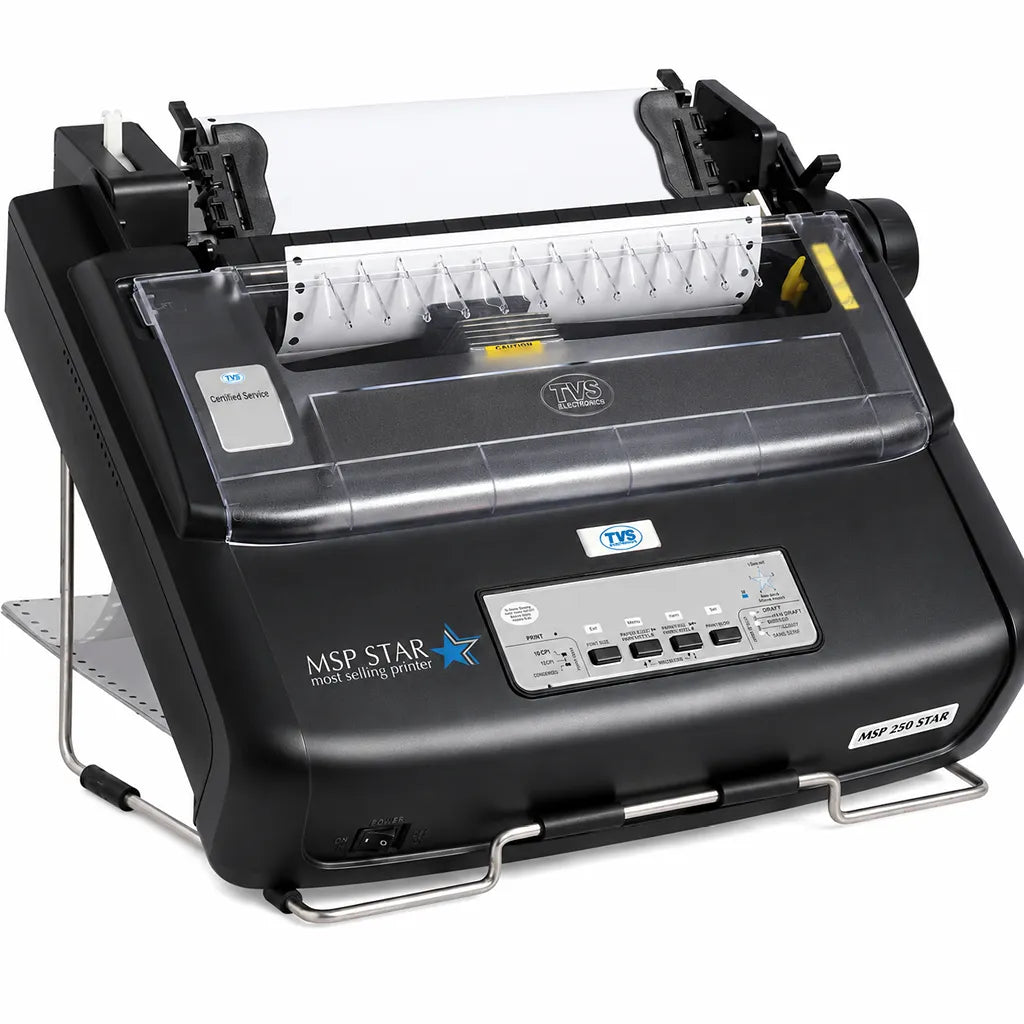TVS Electronics MSP 250 Star Dot Matrix Printer with continuous paper loaded for multi-copy invoices and receipts -tpstech.in