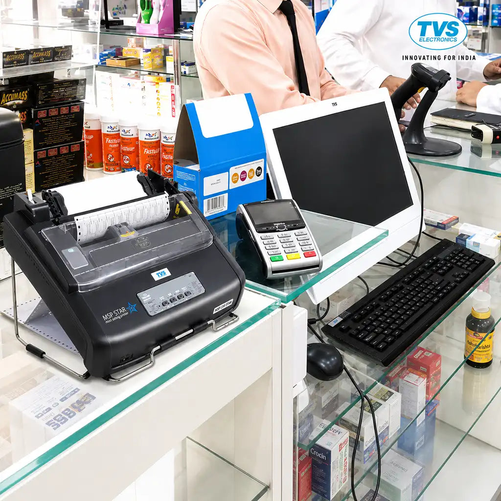 TVS Electronics MSP 250 Star Dot Matrix Printer used at a retail billing counter for invoice and receipt printing -tpstech.in