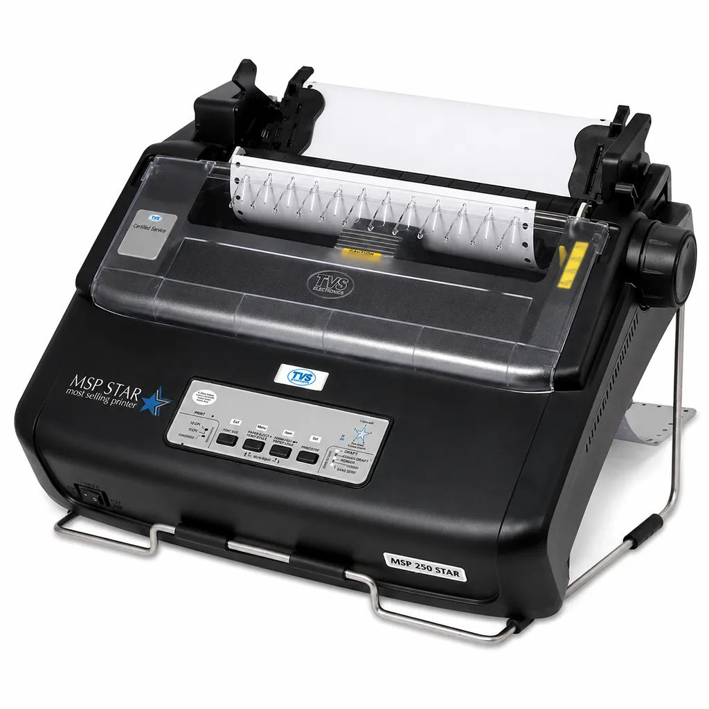 TVS Electronics MSP 250 Star Dot Matrix Printer side perspective showing continuous form paper support -tpstech.in