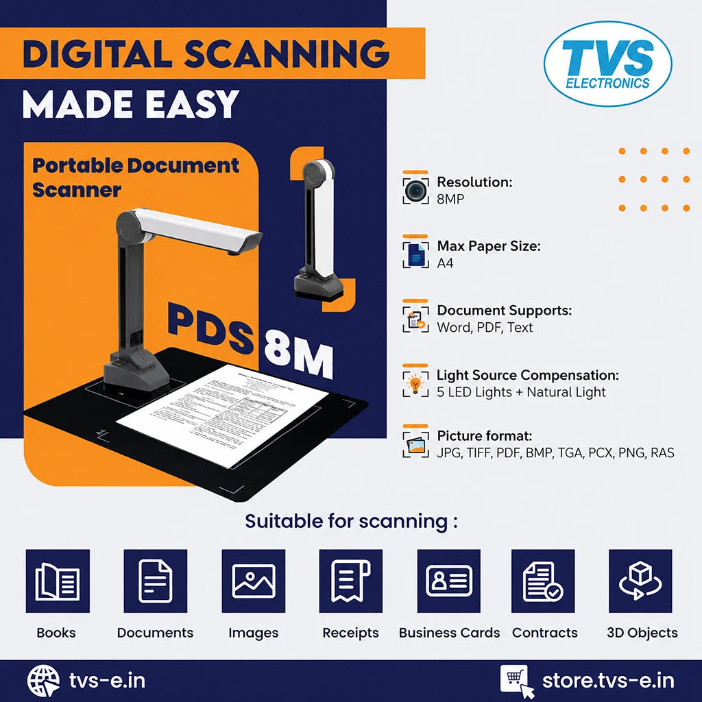 TVS Electronics PDS 8M portable document scanner highlighting 8MP resolution, A4 scanning, PDF, Word and Text support -tpstech.in