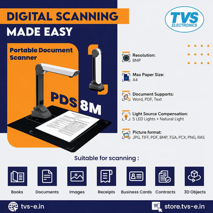 TVS Electronics PDS 8M portable document scanner highlighting 8MP resolution, A4 scanning, PDF, Word and Text support -tpstech.in