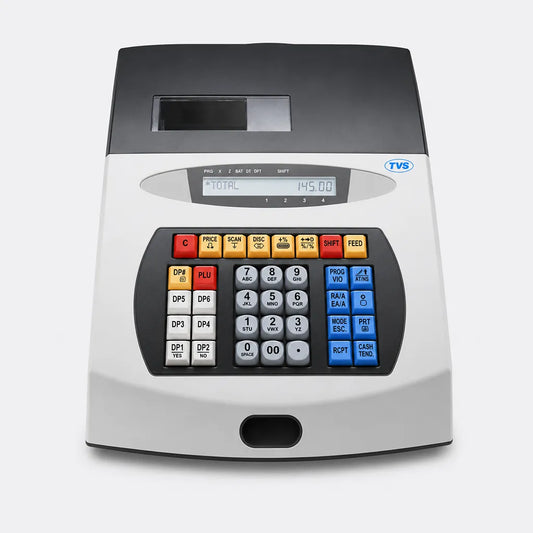 TVS Electronics PT 262 Plus electronic cash register front view with alphanumeric LCD display and numeric keypad -tpstech.in