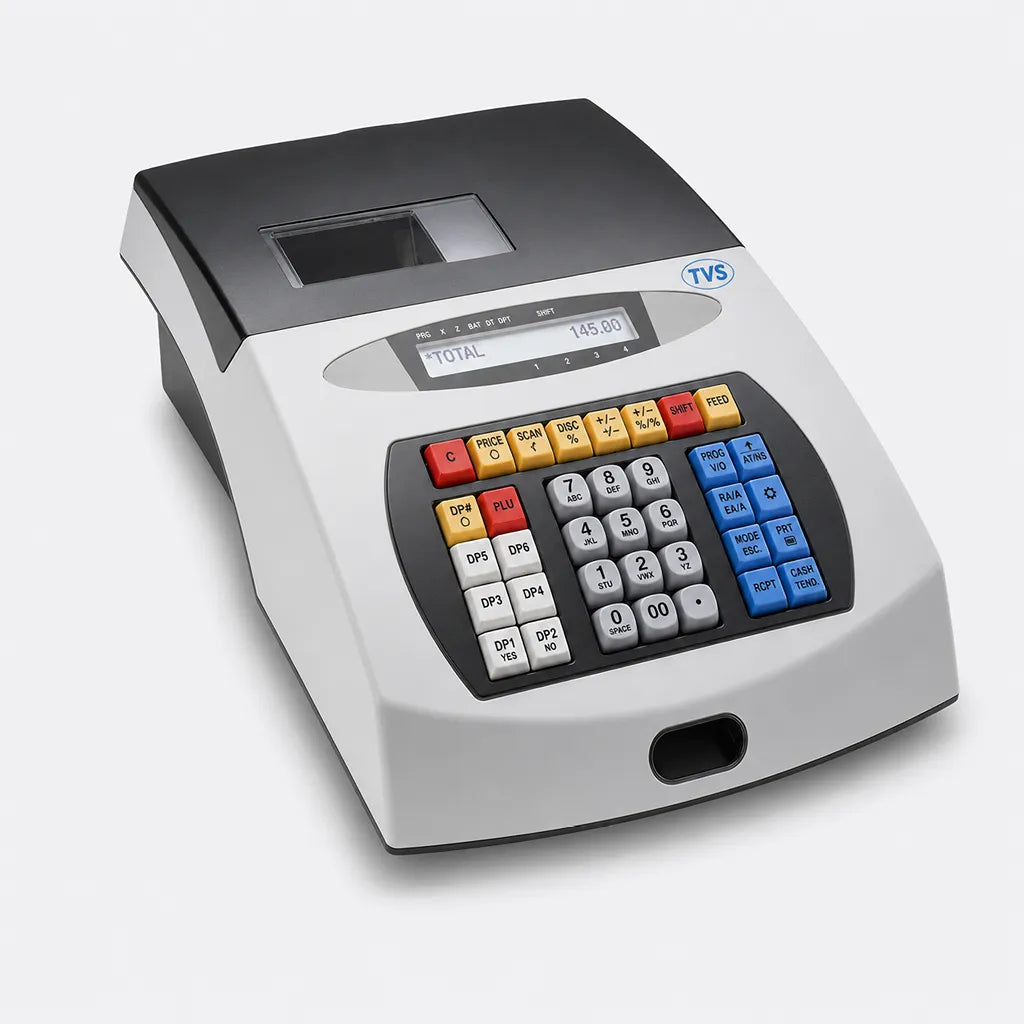 TVS Electronics PT 262 Plus electronic cash register front left angle showing keypad, display and thermal printer for POS billing -tpstech.in