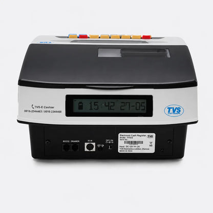 TVS Electronics PT 262 Plus electronic cash register rear view showing RS232 ports, cash drawer interface and power input -tpstech.in
