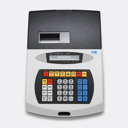 TVS Electronics PT 262 Plus electronic cash register top front view with integrated thermal printer and retail billing keypad -tpstech.in