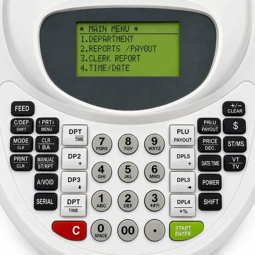 Close-up of the TVS Electronics PT 362 Plus electronic cash register keypad with programmable keys and function buttons -tpstech.in