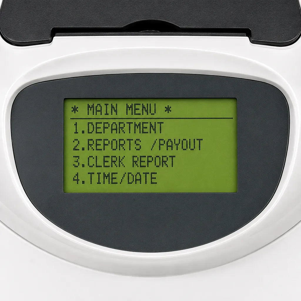 Close-up of the TVS Electronics PT 362 Plus electronic cash register LCD display showing menu interface and billing functions -tpstech.in