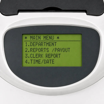 Close-up of the TVS Electronics PT 362 Plus electronic cash register LCD display showing menu interface and billing functions -tpstech.in