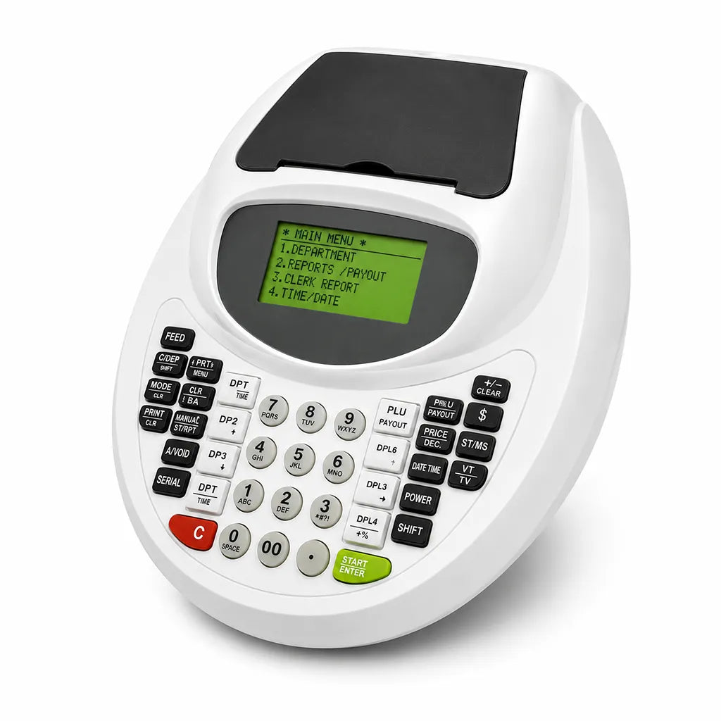 TVS Electronics PT 362 Plus electronic cash register left angle view with compact design for retail and supermarket billing -tpstech.in