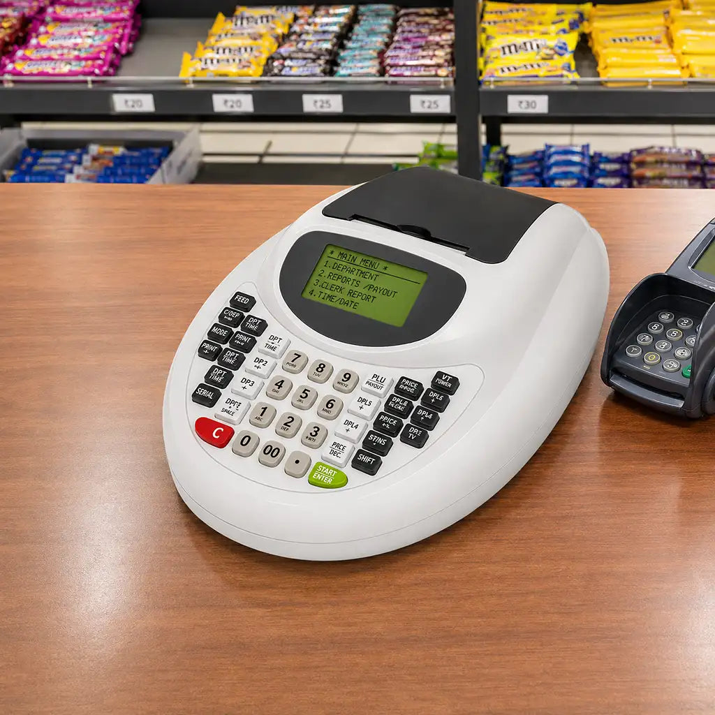 TVS Electronics PT 362 Plus electronic cash register on a retail store counter with integrated thermal printer for efficient billing -tpstech.in