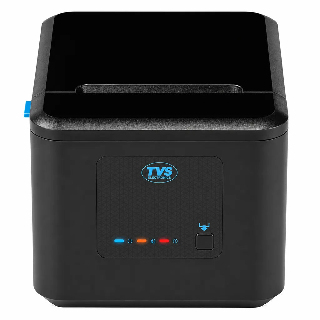 TVS Electronics RP 3230 ABW 3 inch thermal receipt printer front view with USB, Bluetooth, Wi-Fi and cash drawer support for POS billing -tpstech.in