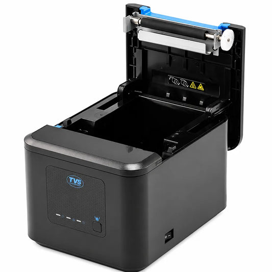 TVS Electronics RP 3230 ABW thermal receipt printer with open top cover showing easy paper loading mechanism for retail POS systems -tpstech.in