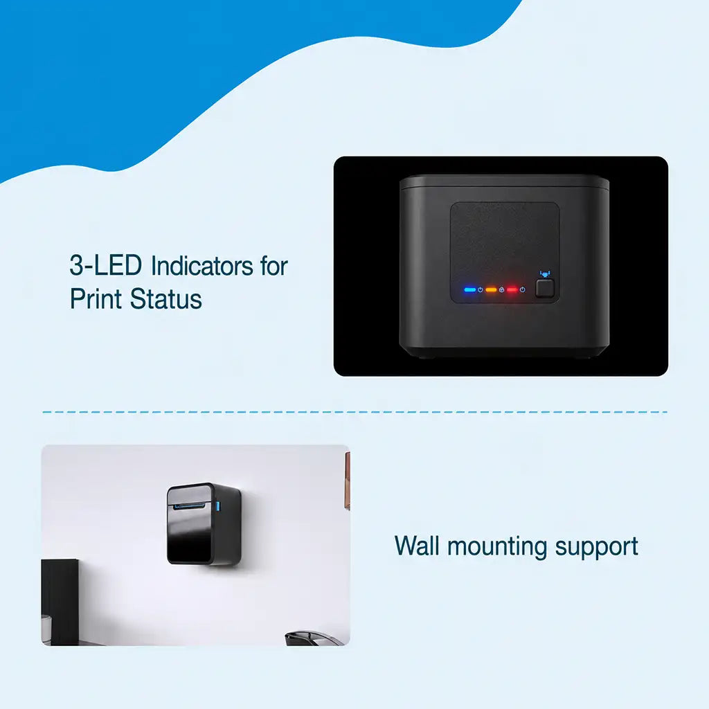 TVS Electronics RP 3230 Thermal Receipt Printer featuring 3 LED status indicators and wall mounting support for space-saving installation -tpstech.in