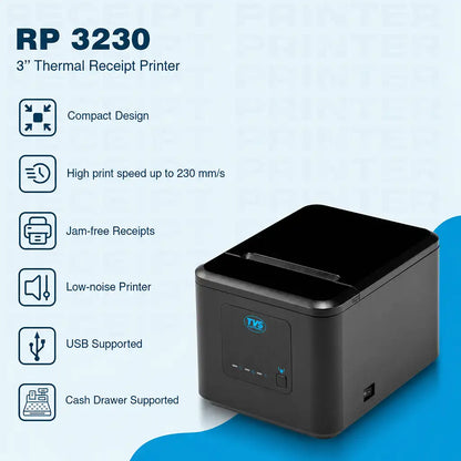 TVS Electronics RP 3230 3 Inch Thermal Receipt Printer highlighting compact design, 230 mm/s print speed, USB support and cash drawer compatibility -tpstech.in