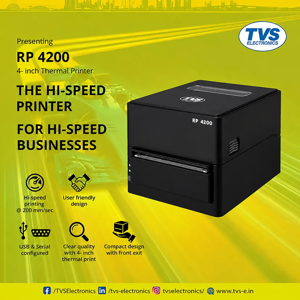 TVS Electronics RP 4200 4 inch thermal printer promotional banner highlighting 200 mm/sec printing speed, USB and Serial connectivity for POS applications -tpstech.in