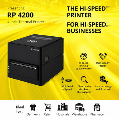 TVS Electronics RP 4200 4 inch thermal receipt printer featuring 200 mm/sec printing, USB and Serial connectivity, front exit design for retail, hospitals and warehouses -tpstech.in