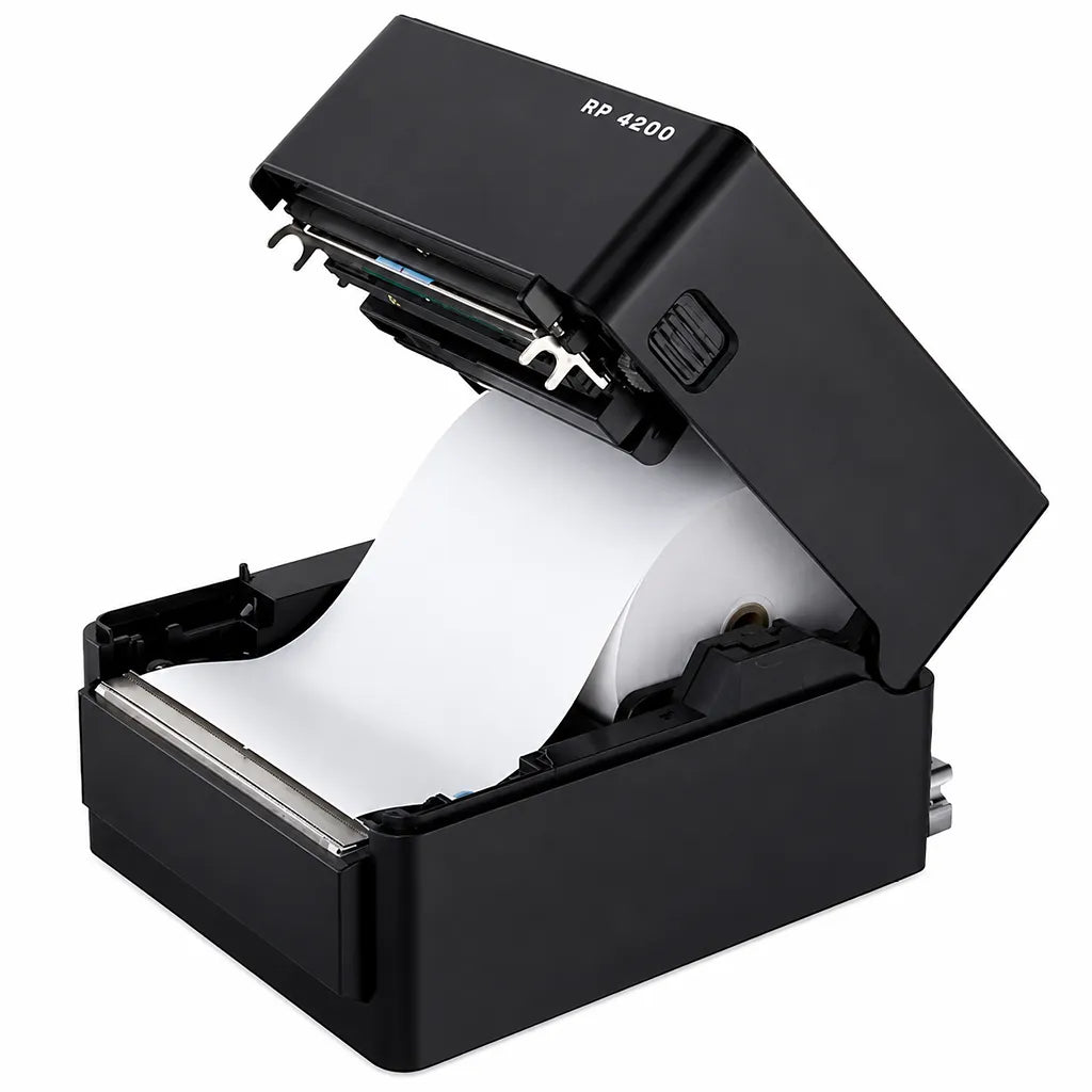 TVS Electronics RP 4200 thermal receipt printer showing easy paper loading mechanism for quick media replacement and uninterrupted POS printing -tpstech.in
