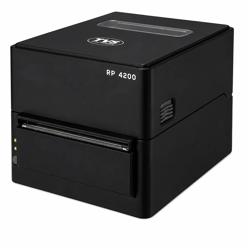 TVS Electronics RP 4200 4 inch thermal receipt printer front left angle view with compact design for retail, pharmacy and billing counter applications -tpstech.in