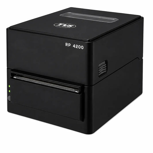 TVS Electronics RP 4200 4 inch thermal receipt printer front left angle view with compact design for retail, pharmacy and billing counter applications -tpstech.in