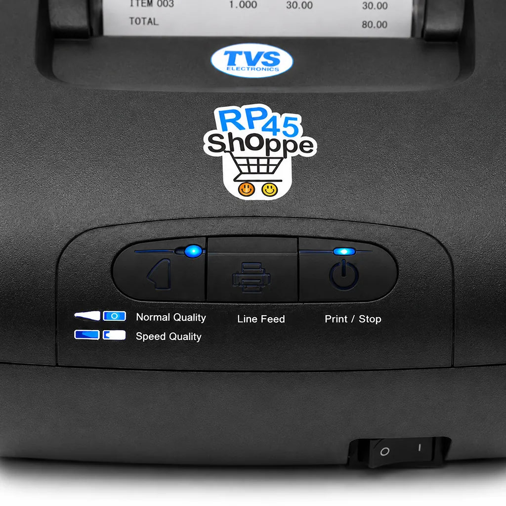 TVS Electronics RP-45 Shoppe POS printer control panel with print, line feed and power buttons -tpstech.in
