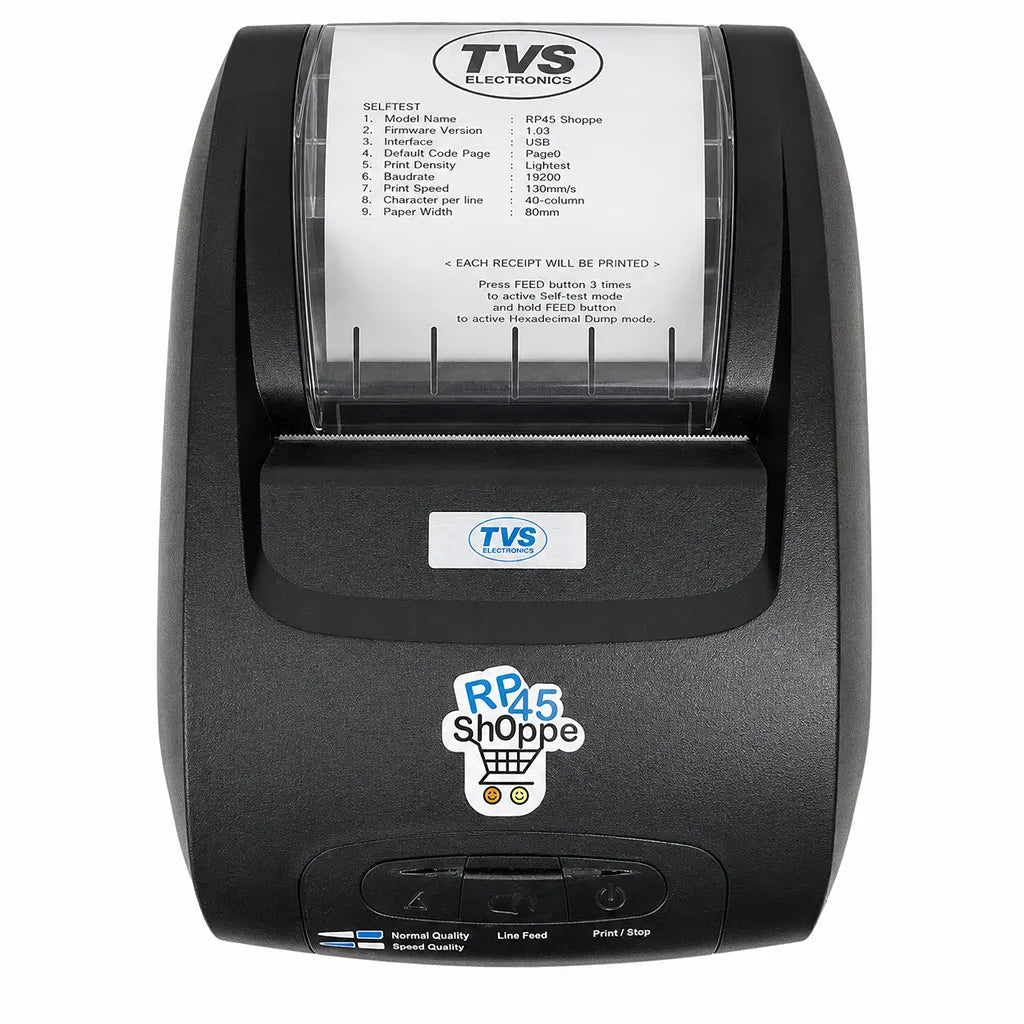 TVS Electronics RP-45 Shoppe 9-Pin Dot Matrix POS Printer front view for retail billing and receipt printing -tpstech.in