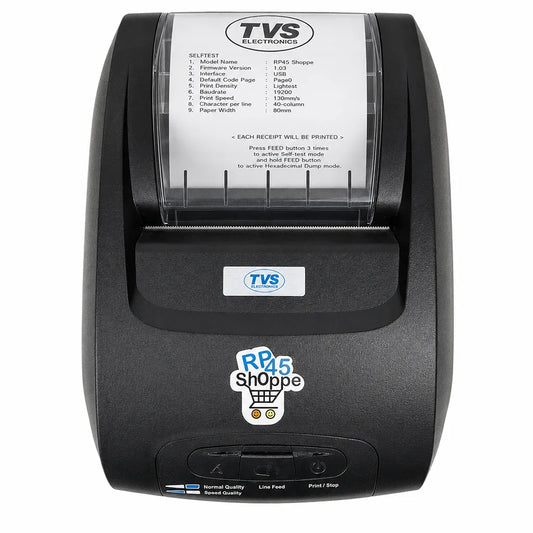 TVS Electronics RP-45 Shoppe 9-Pin Dot Matrix POS Printer front view for retail billing and receipt printing -tpstech.in