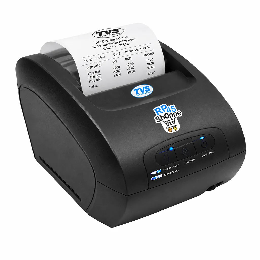 TVS Electronics RP-45 Shoppe 40-column POS printer right angled view with compact design -tpstech.in
