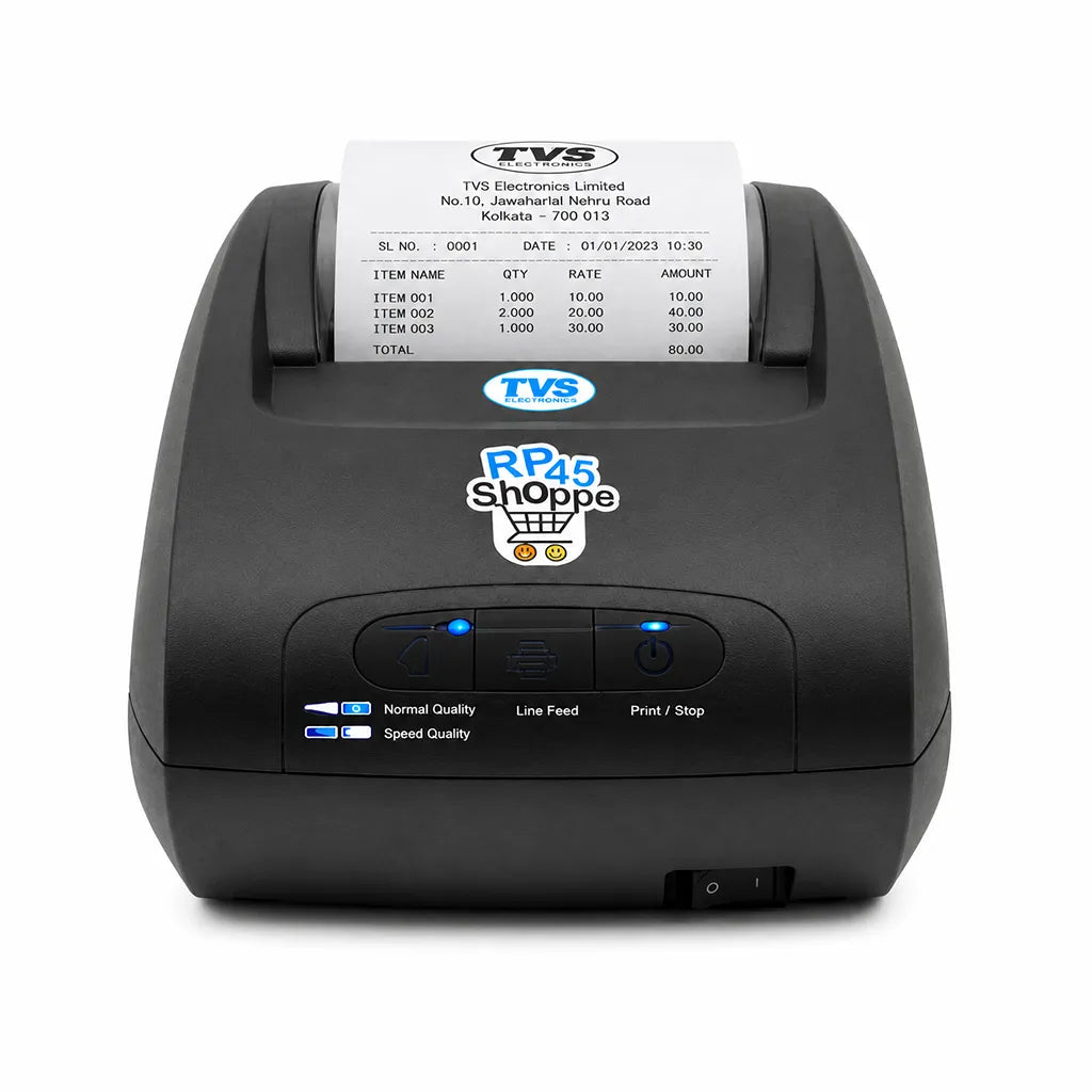 TVS Electronics RP-45 Shoppe receipt printer front view printing retail invoice on 80 mm paper -tpstech.in