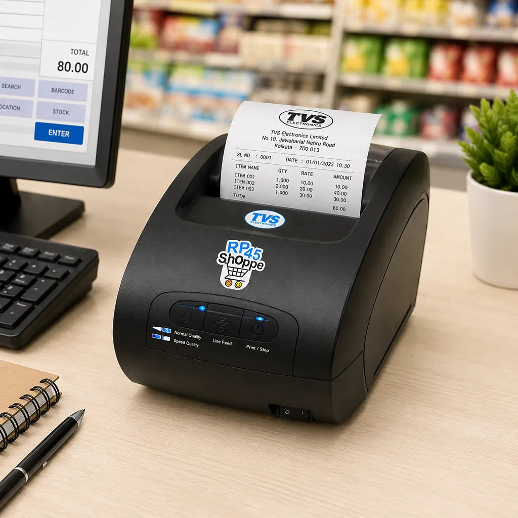 TVS Electronics RP-45 Shoppe POS dot matrix printer installed at a retail billing counter for receipt printing -tpstech.in