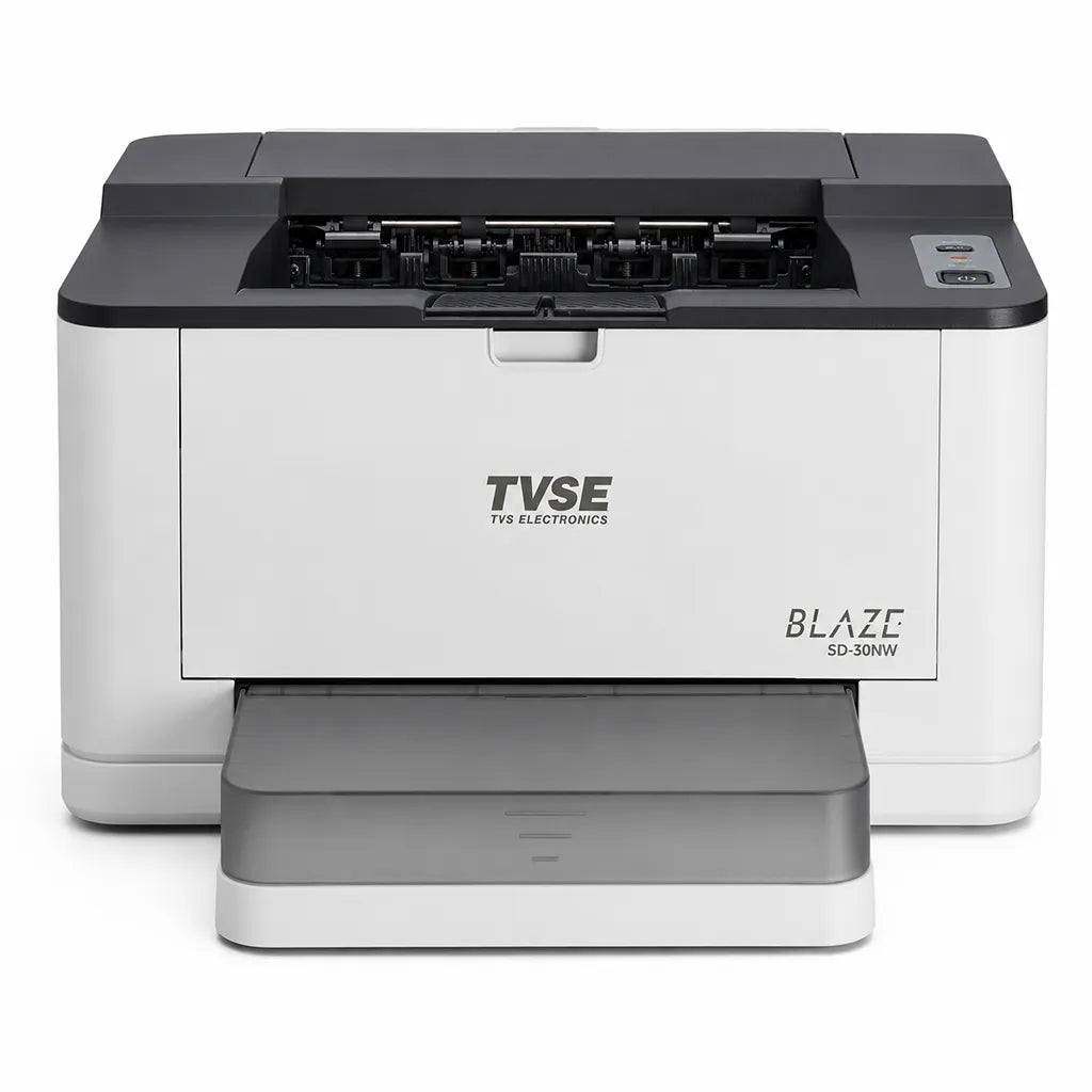 TVS Electronics SD-30NW Mono Laser Printer front left angle showing compact design with Wi-Fi and Auto Duplex printing -tpstech.in