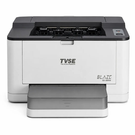 TVS Electronics SD-30NW Mono Laser Printer front left angle showing compact design with Wi-Fi and Auto Duplex printing -tpstech.in