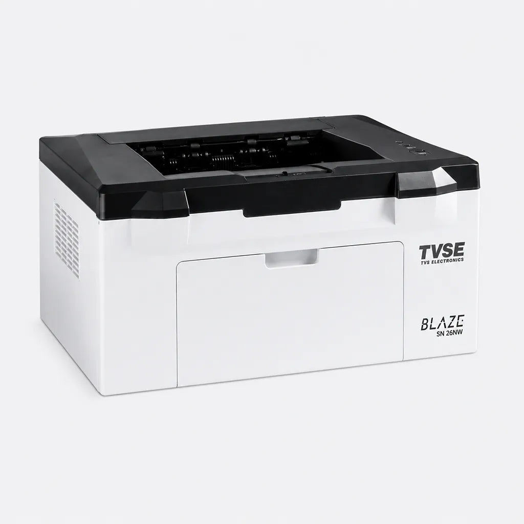 TVS Electronics SN-26NW mono laser printer front left angle showing compact desktop design and monochrome printing solution -tpstech.in