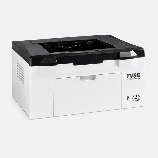 TVS Electronics SN-26NW mono laser printer front left angle showing compact desktop design and monochrome printing solution -tpstech.in