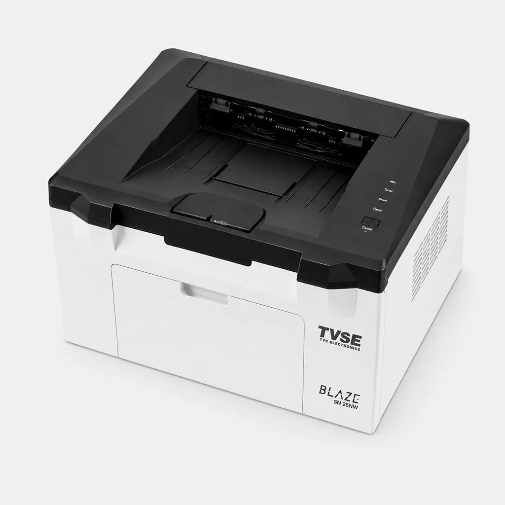 TVS Electronics SN-26NW mono laser printer top left angle highlighting paper output tray and compact desktop design -tpstech.in