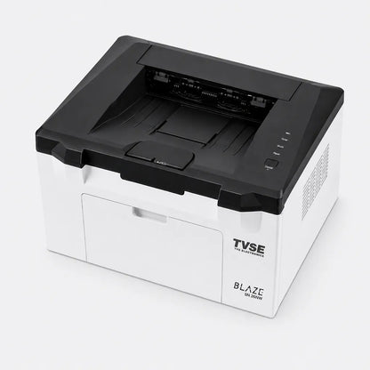 TVS Electronics SN-26NW mono laser printer top left angle highlighting paper output tray and compact desktop design -tpstech.in