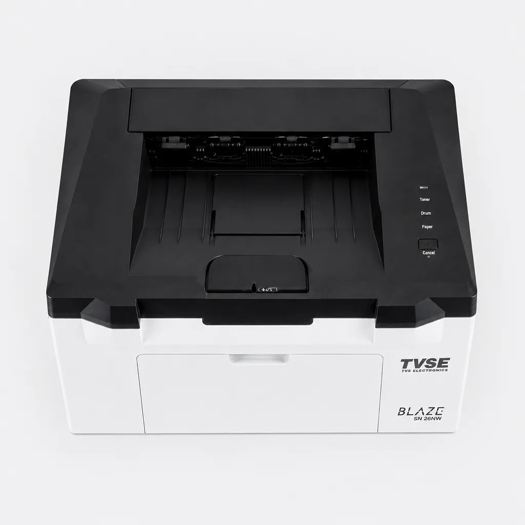 TVS Electronics SN-26NW mono laser printer top view showing paper output tray and control panel -tpstech.in