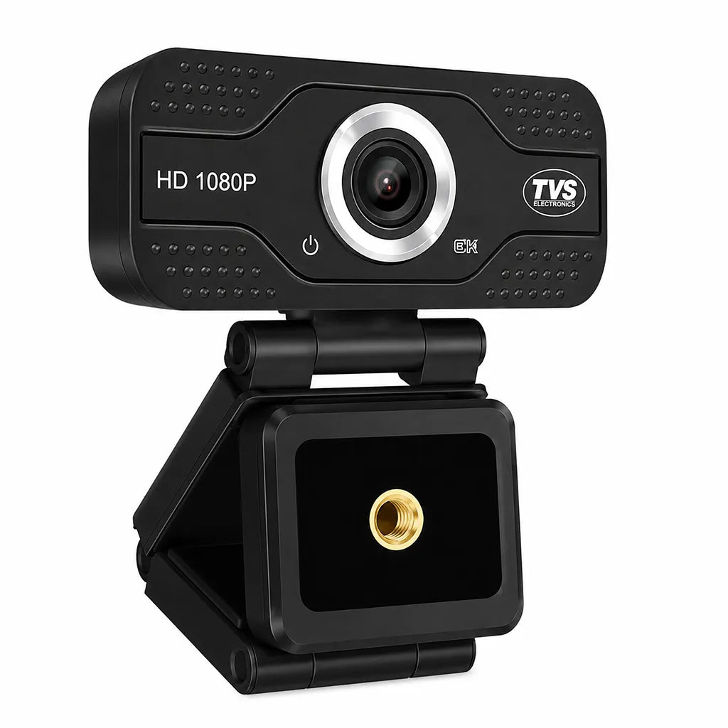 TVS Electronics WC 103 Plus Full HD USB webcam left angle view with tripod mounting thread and adjustable clip stand -tpstech.in