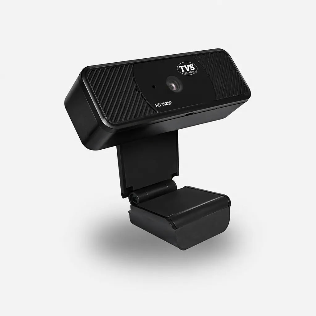 TVS Electronics WC 105 Full HD USB webcam left angle view featuring 5MP CMOS camera, Auto Focus and USB connectivity -tpstech.in
